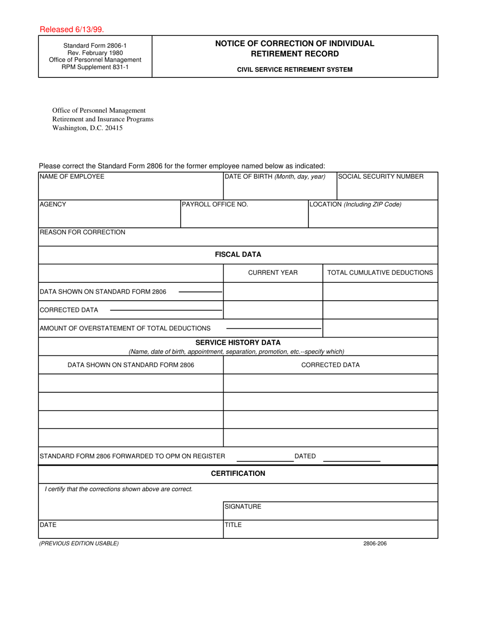 Form SF-2806-1 Notice of Correction of Individual Retirement Record (Csrs), Page 1