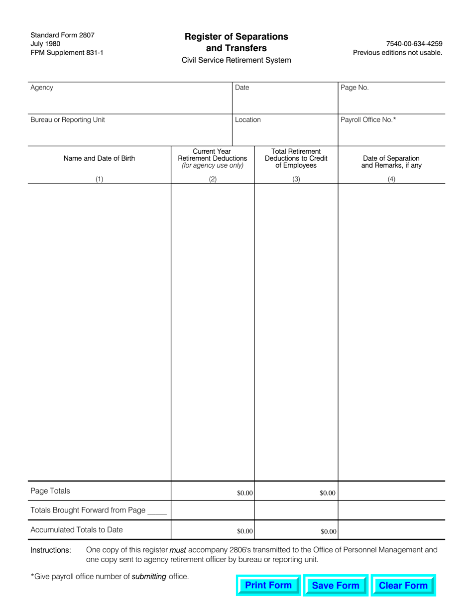 Form SF-2807 Register of Separations and Transfers (Csrs), Page 1