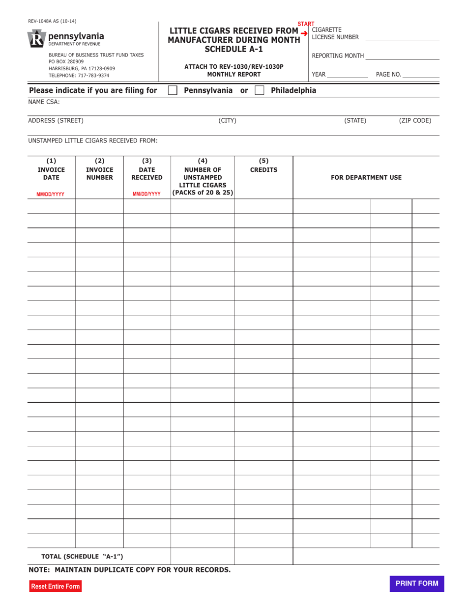 Form REV-1048A Schedule A-1 Little Cigars Received From Manufacturer During Month - Pennsylvania, Page 1