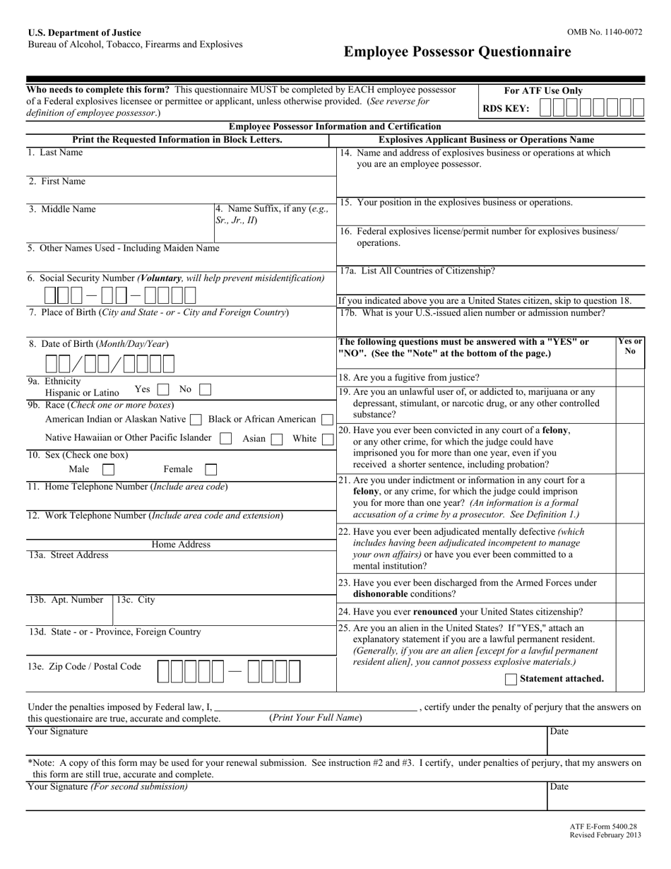 ATF Form 5400.28 Employee Possessor Questionnaire, Page 1