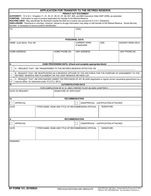 AF Form 131 Application for Transfer to the Retired Reserve