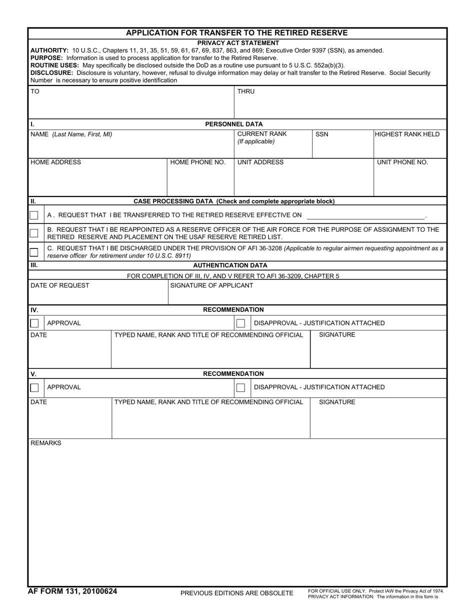 AF Form 131 Application for Transfer to the Retired Reserve, Page 1