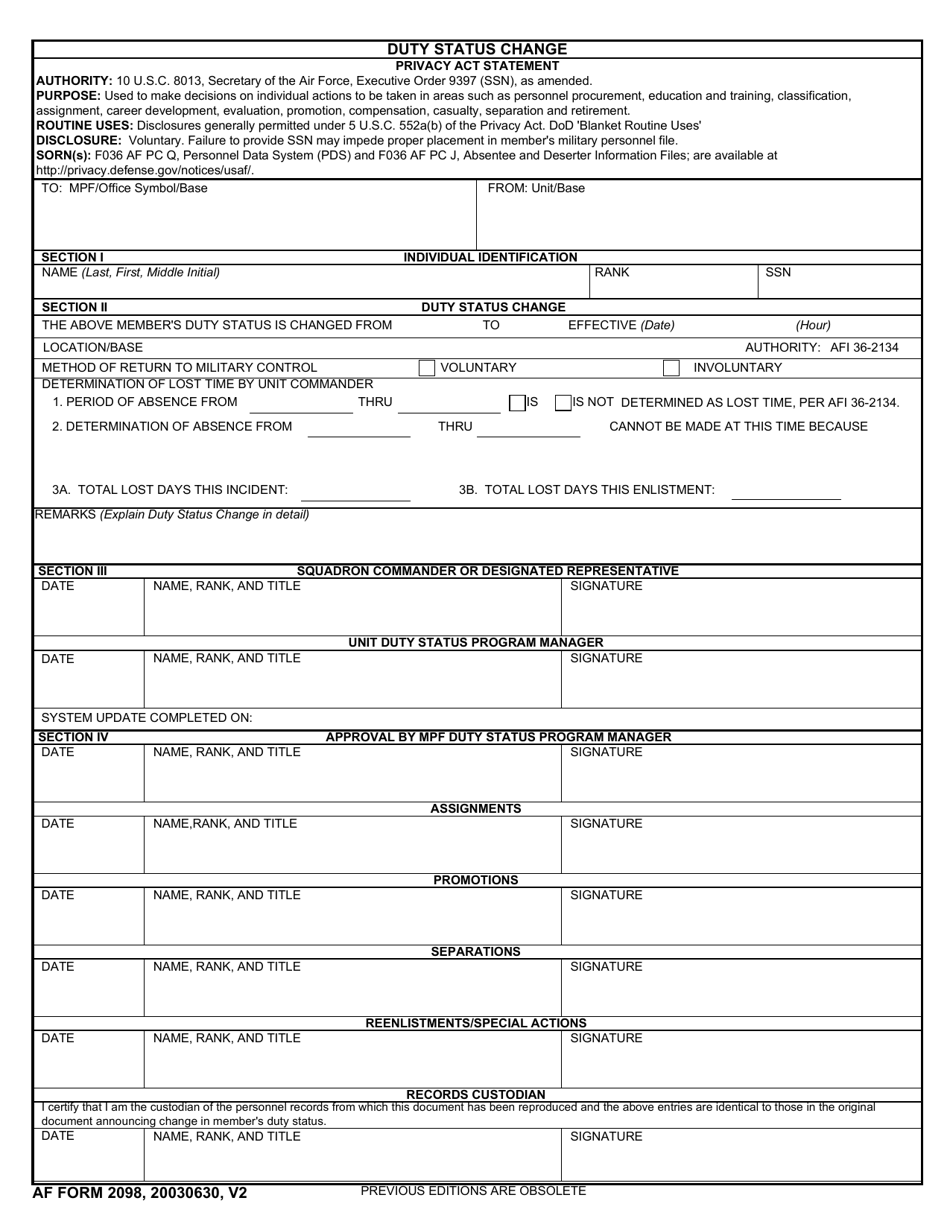 AF Form 2098 Duty Status Change, Page 1