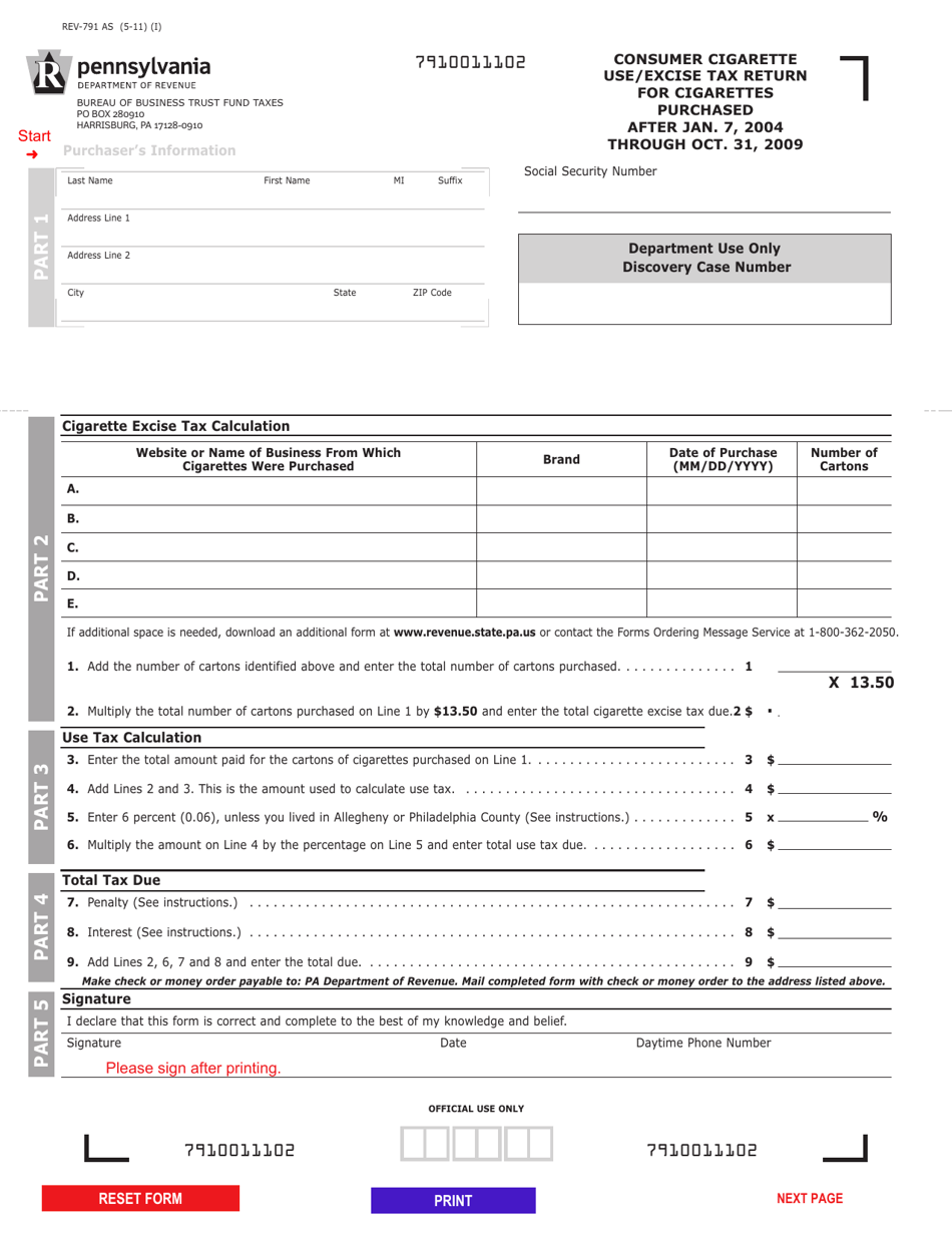 Form REV-791 Consumer Cigarette Use / Excise Tax Return for Cigarettes Purchased After Jan. 7, 2004 Through Oct. 31, 2009 - Pennsylvania, Page 1