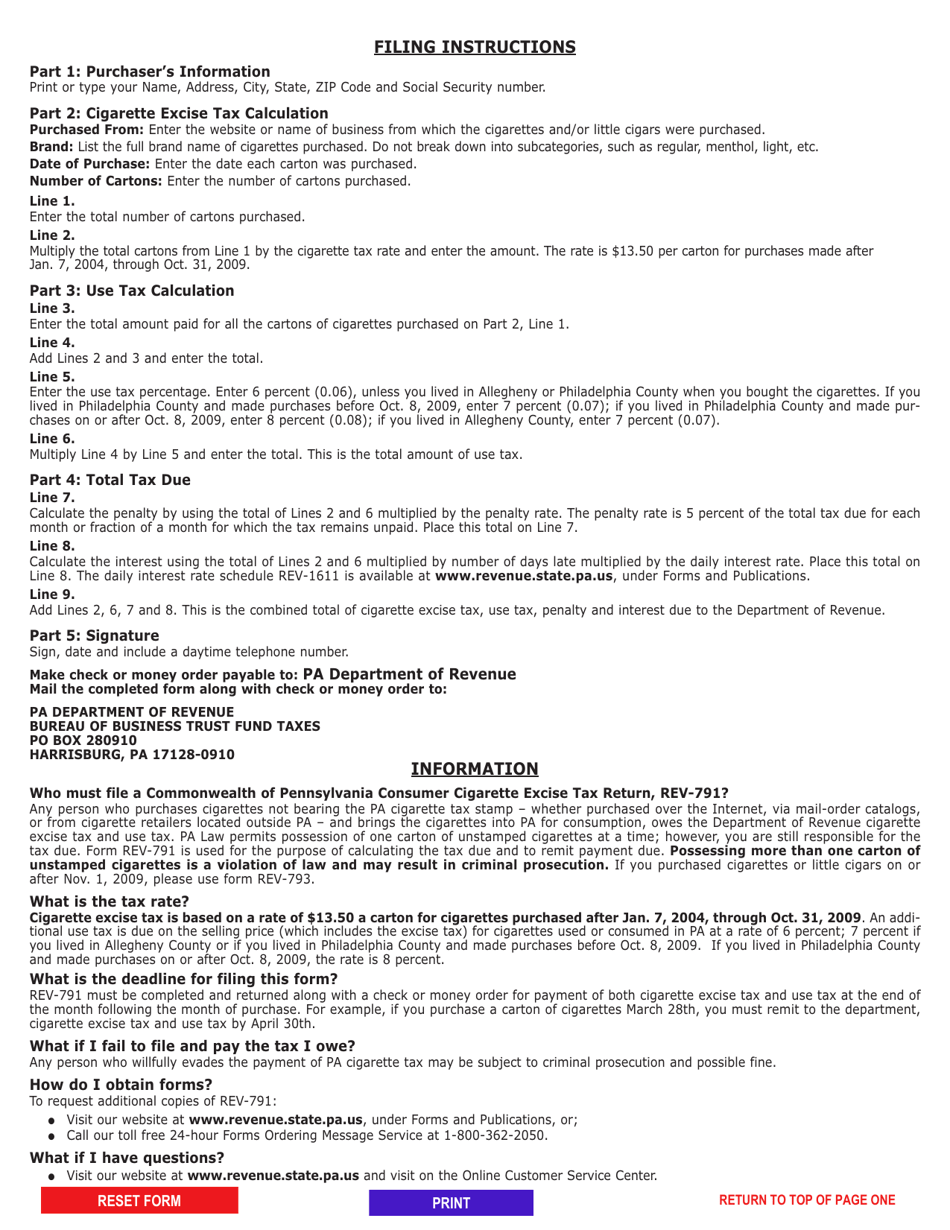 Form REV-791 Consumer Cigarette Use / Excise Tax Return for Cigarettes Purchased After Jan. 7, 2004 Through Oct. 31, 2009 - Pennsylvania, Page 2