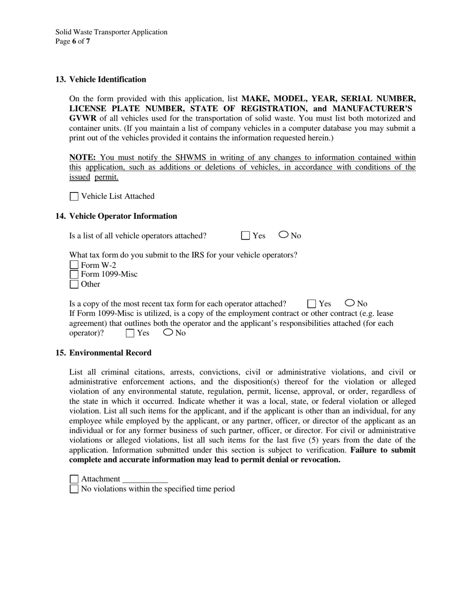 Solid Waste Transporter Permit Application - Delaware, Page 6