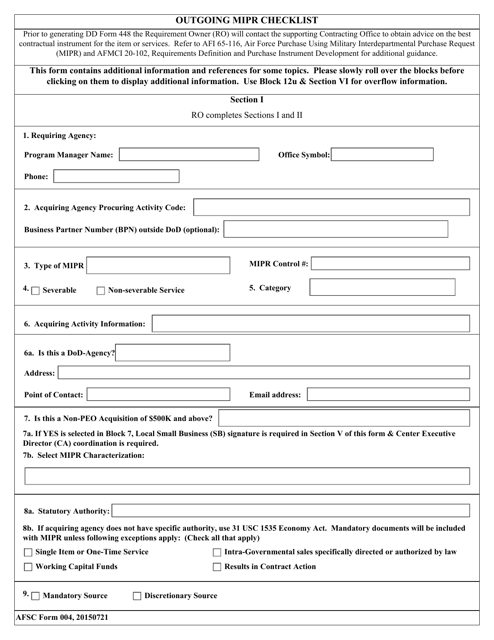 AFSC Form 004 Outgoing MIPR Checklist
