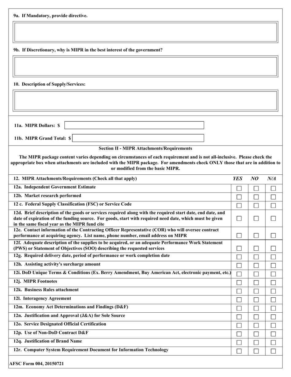 AFSC Form 004 Outgoing MIPR Checklist, Page 2