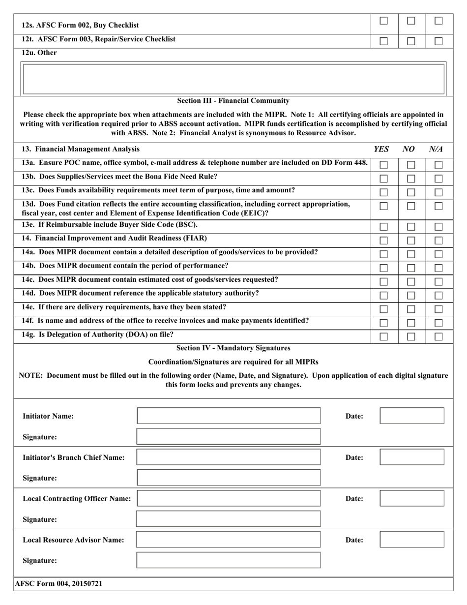AFSC Form 004 Outgoing MIPR Checklist, Page 3