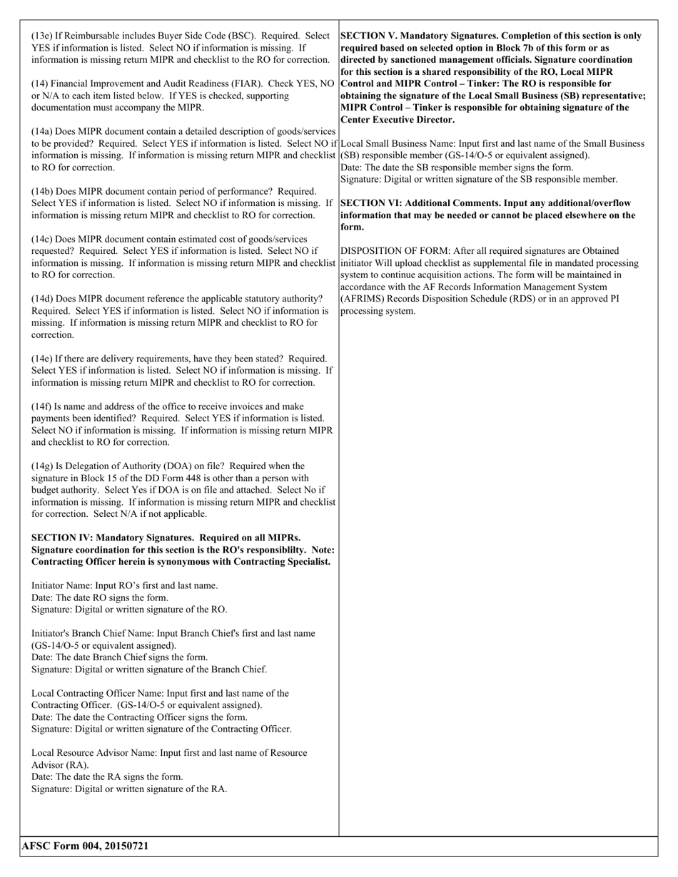 AFSC Form 004 Outgoing MIPR Checklist, Page 8