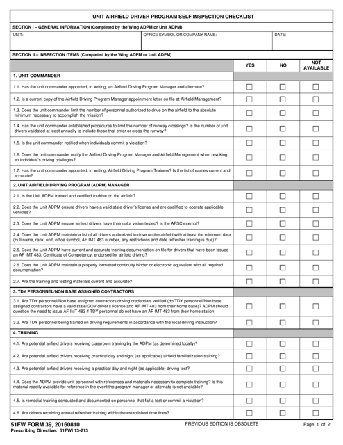 51 FW Form 39 Unit Airfield Driver Program Self Inspection Checklist