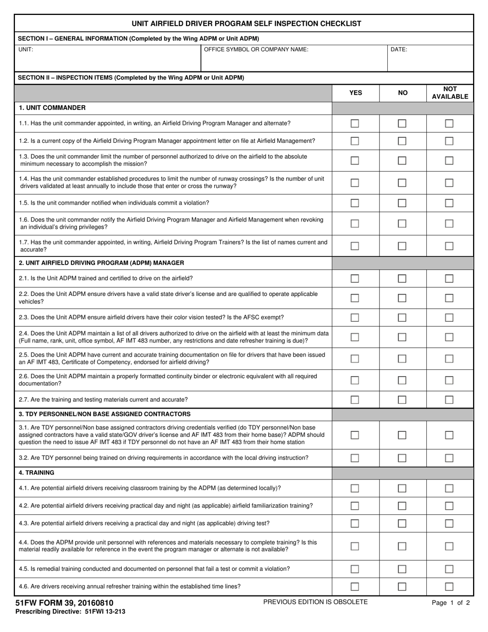 51 FW Form 39 Unit Airfield Driver Program Self Inspection Checklist, Page 1