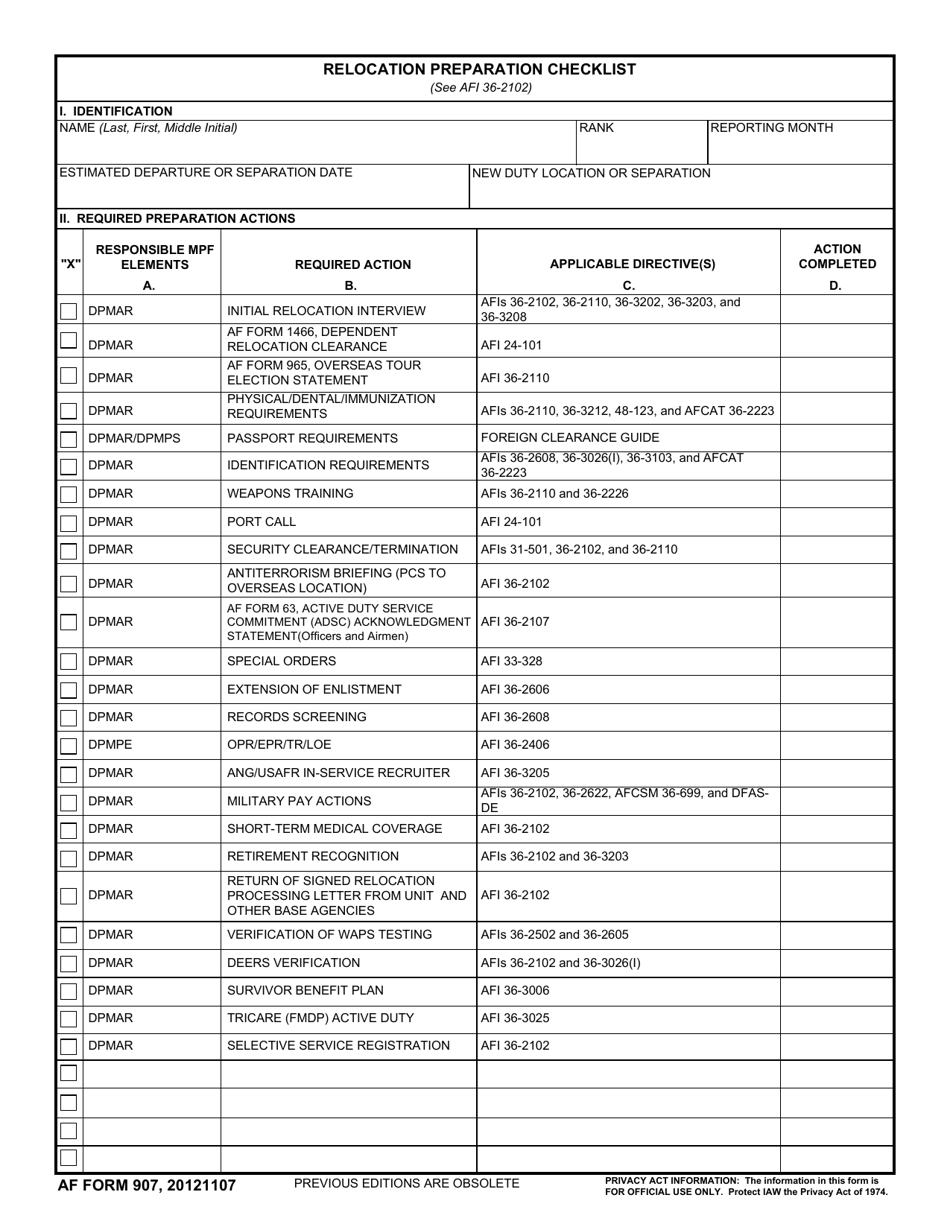 AF Form 907 Relocation Preparation Checklist, Page 1