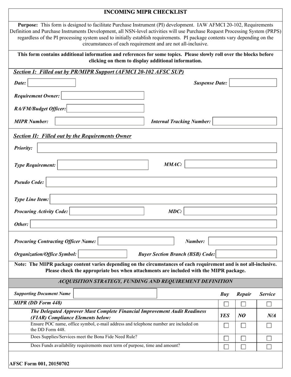 AFSC Form 001 Incoming MIPR Checklist, Page 1