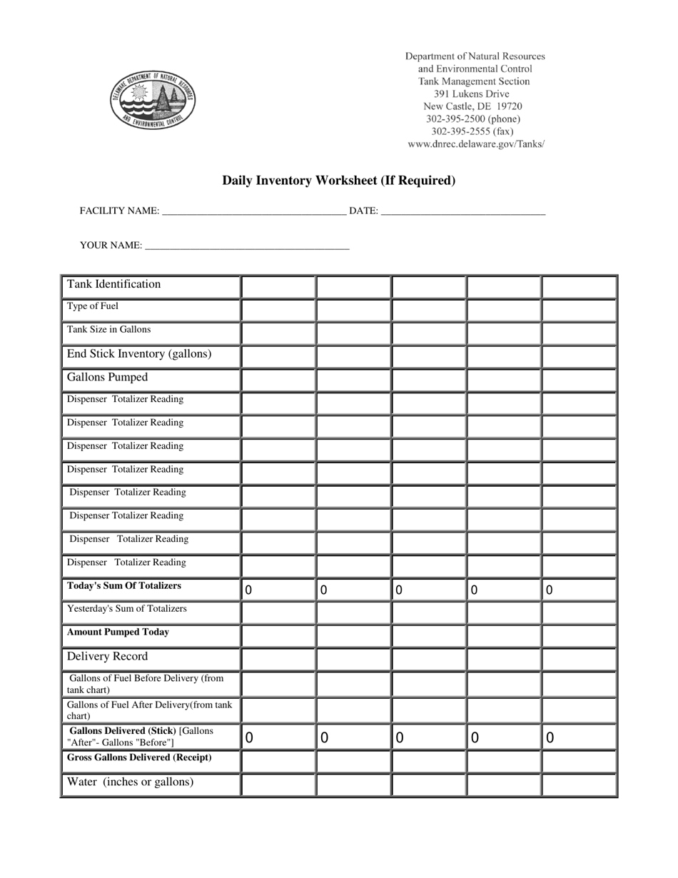 Daily Inventory Worksheet - Delaware, Page 1