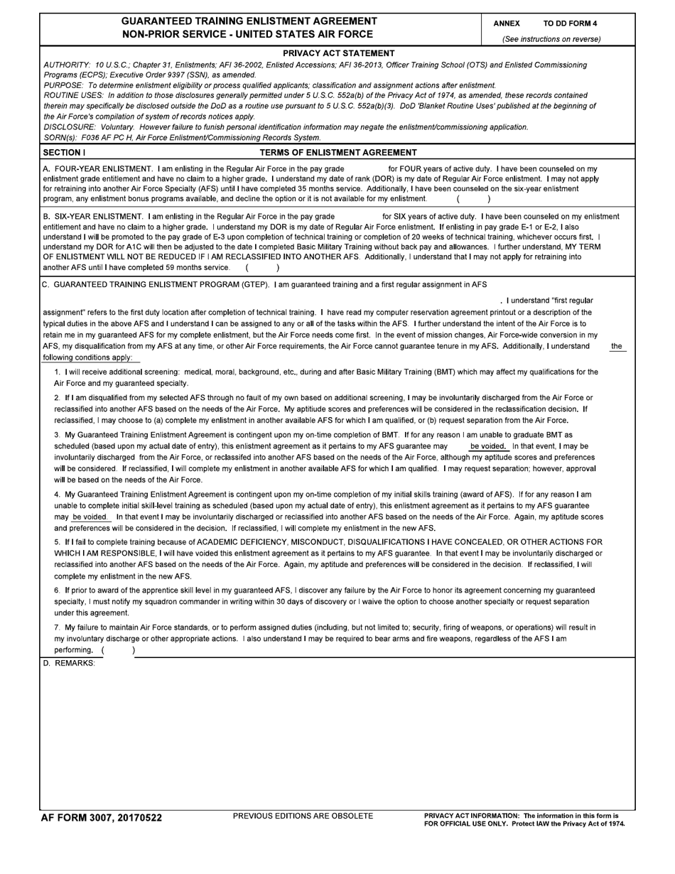 AF Form 3007 Guaranteed Training Enlistment Agreement Non-prior Service - United States Air Force, Page 1