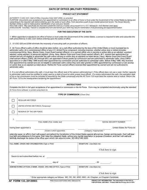 AF Form 133 Oath of Office (Military Personnel)