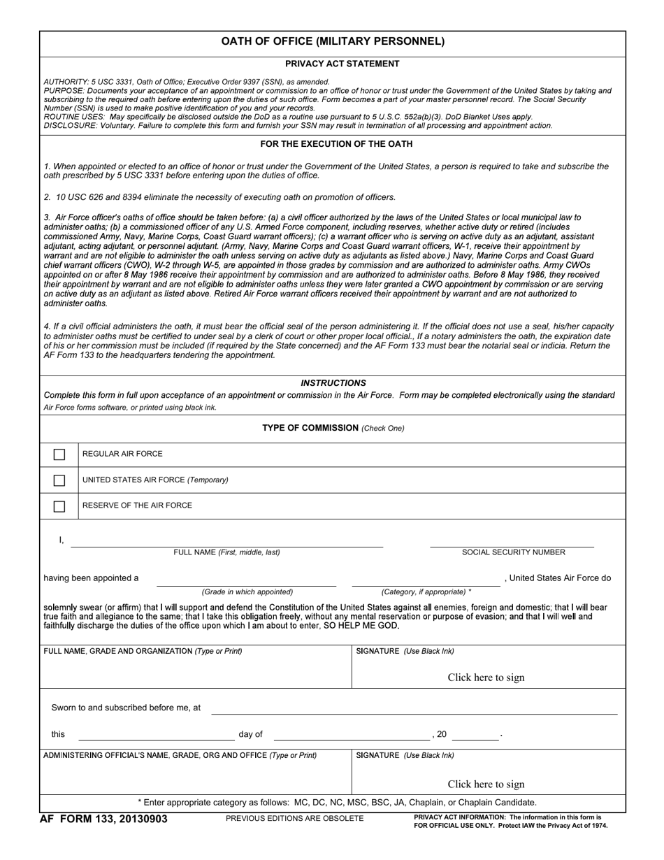 AF Form 133 Oath of Office (Military Personnel), Page 1