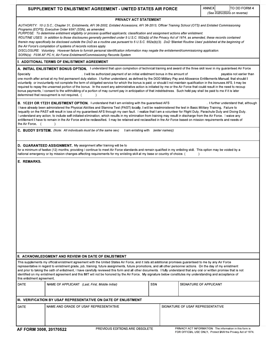 AF Form 3008 Supplement to Enlistment Agreement - United States Air Force, Page 1