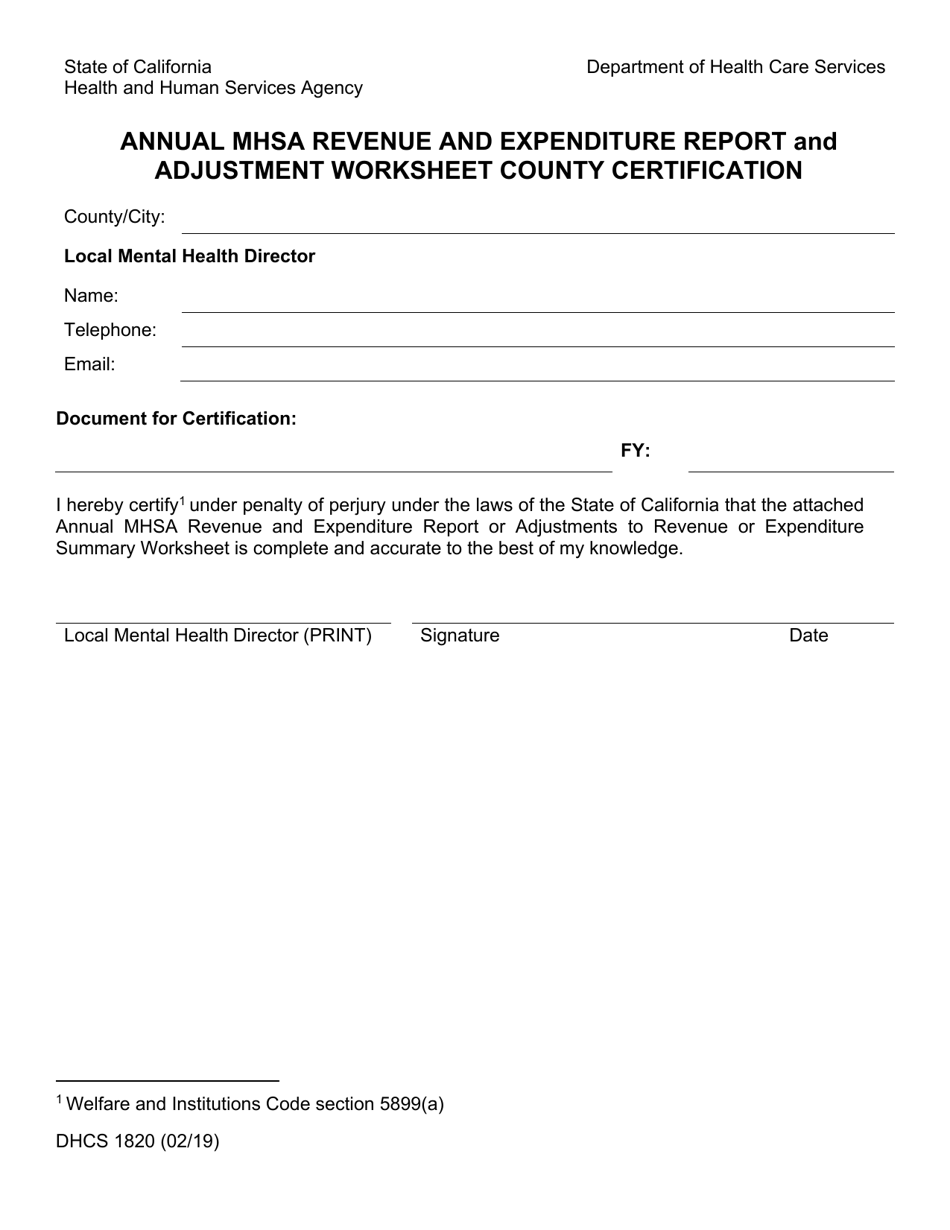 Form DHCS1820 Annual MHSA Revenue and Expenditure Report and Adjustment Worksheet County Certification - California, Page 1