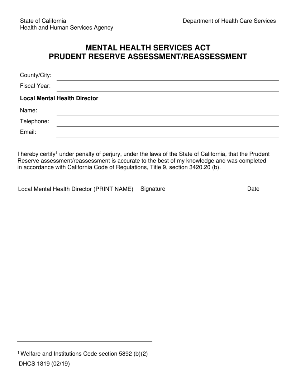 Form DHCS1819 Mental Health Services Act (MHSA) Prudent Reserve Assessment / Reassessment - California, Page 1