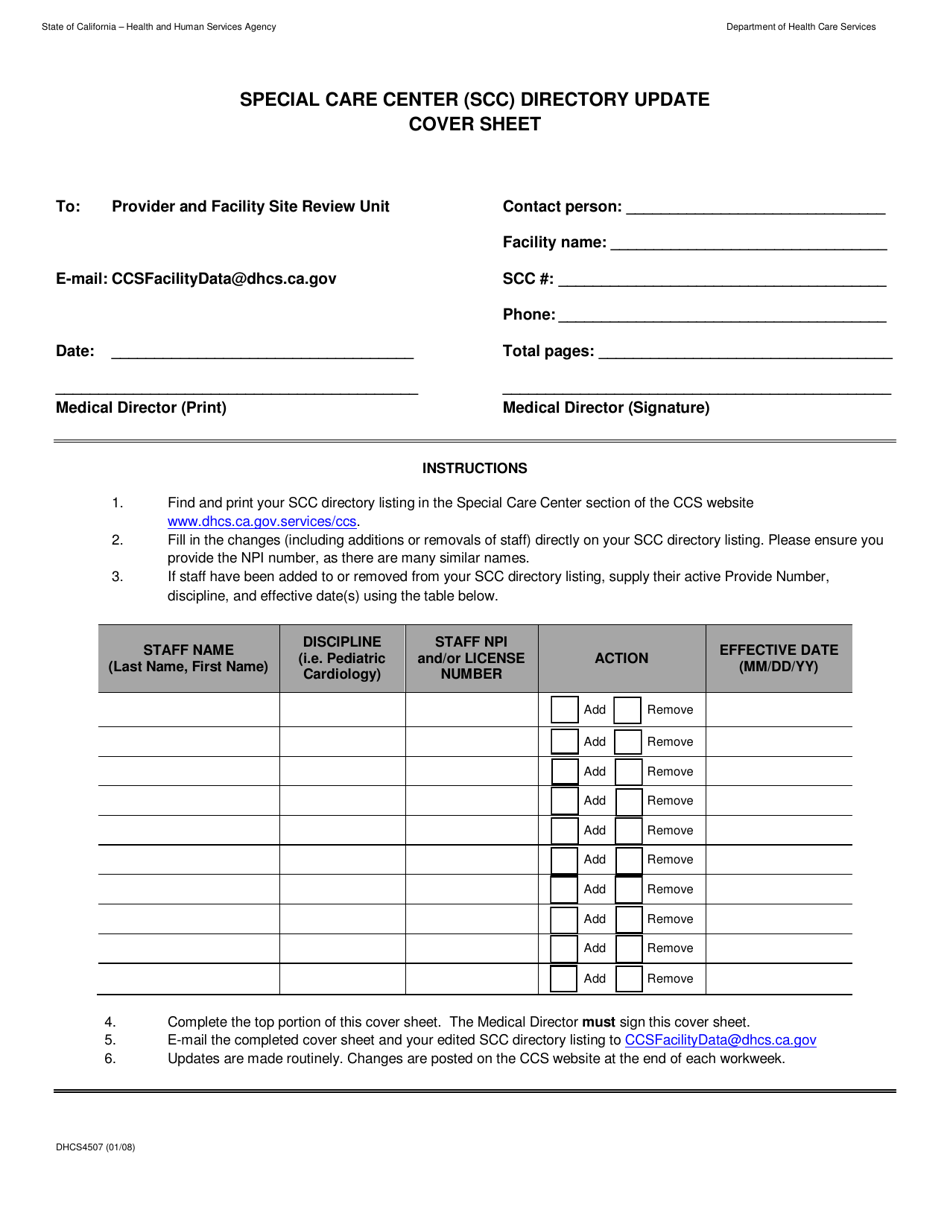 Form DHCS4507 Special Care Center (Scc) Directory Update Cover Sheet - California, Page 1