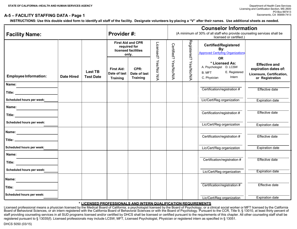 Form DHCS5050 A-5 - Facility Staff Data - California, Page 1