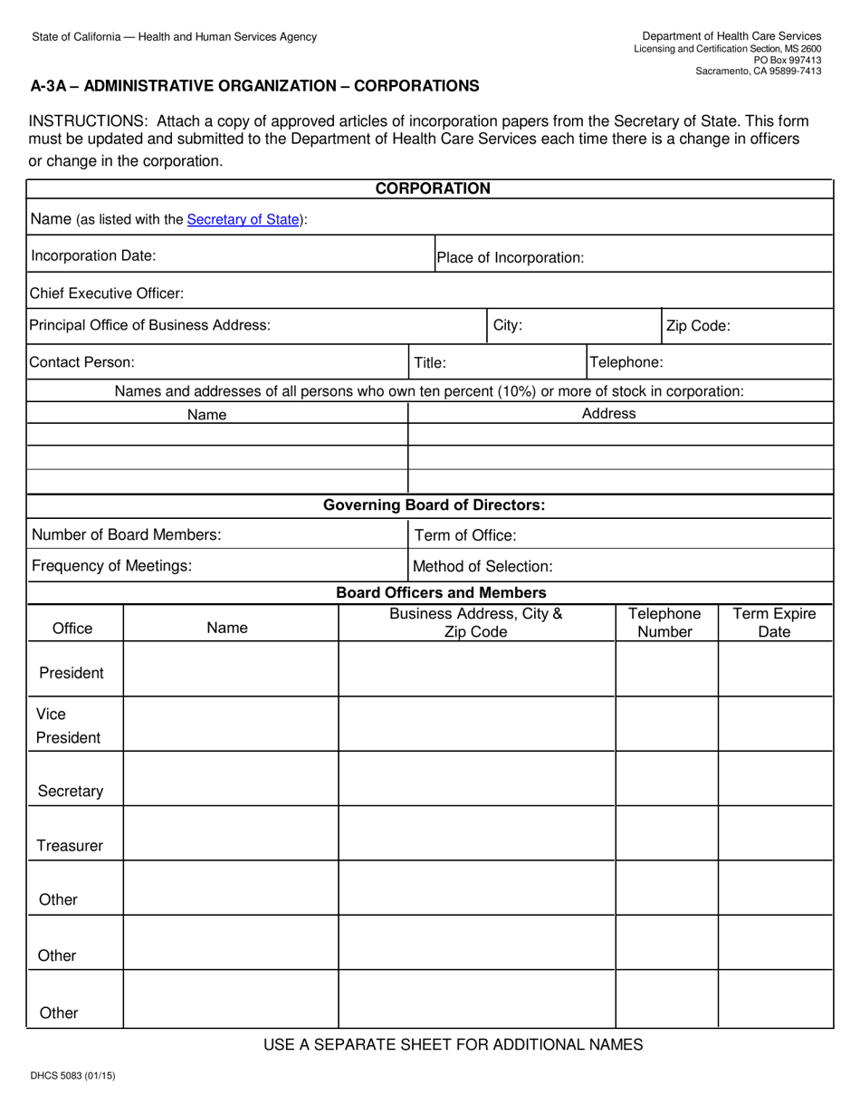 Form DHCS5083 A-3a - Administrative Organization - Corporations - California, Page 1