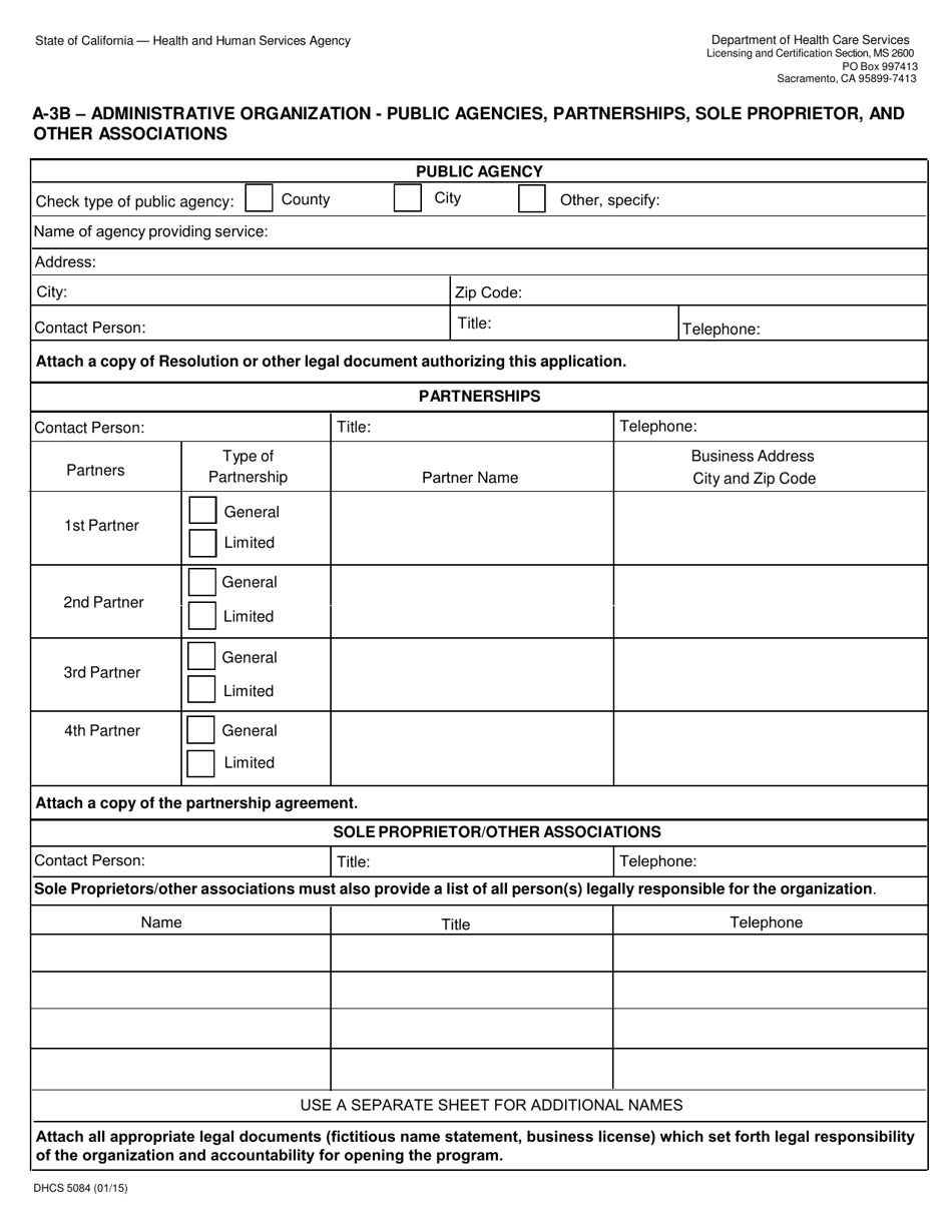 Form DHCS5084 A-3b - Administrative Organization - Public Agencies, Partnerships, Sole Proprietor, and Other Associations - California, Page 1