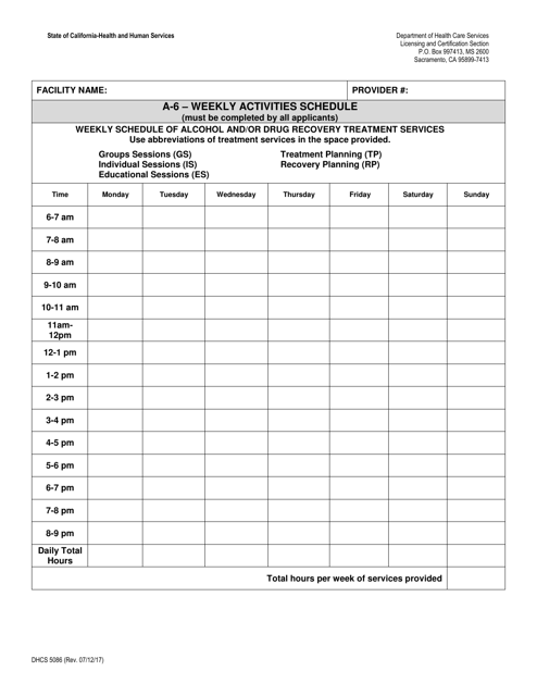 Form DHCS5086 A-6 - Weekly Activities Schedule - California