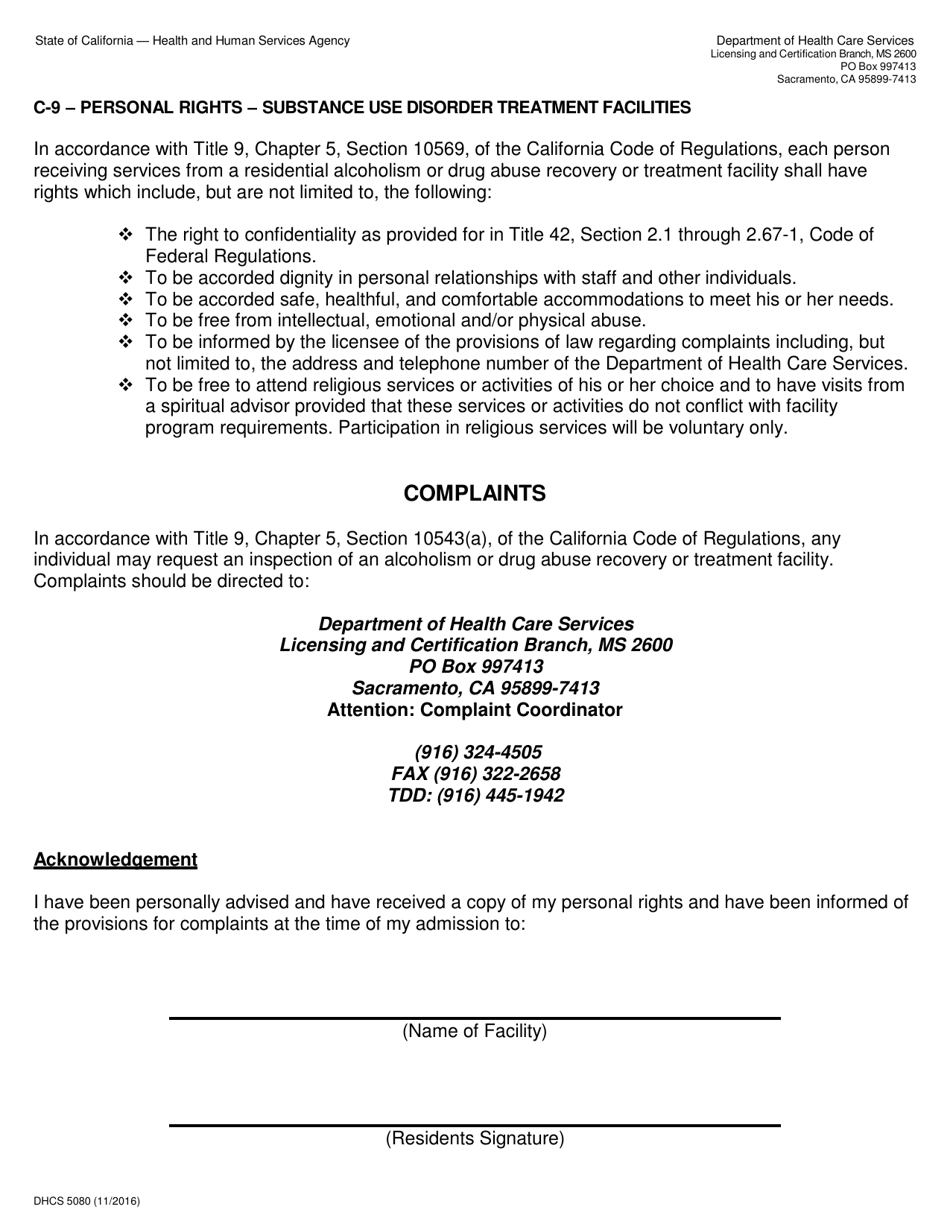 Form DHCS5080 C-9 - Personal Rights - Substance Use Disorder Treatment Facilities - California, Page 1