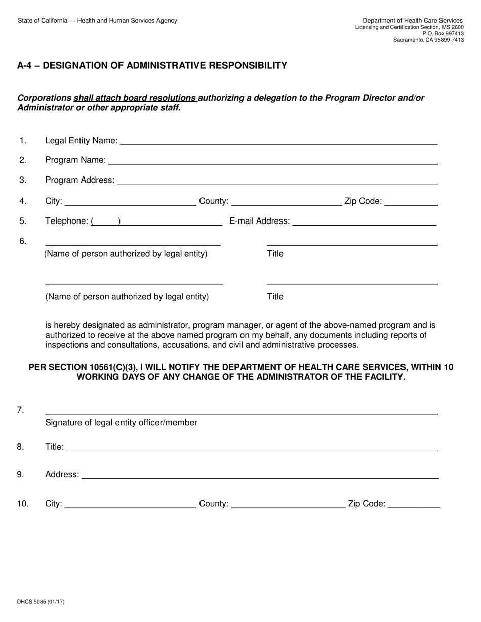 Form DHCS5085 A-4 - Designation of Administrative Responsibility - California, Page 1
