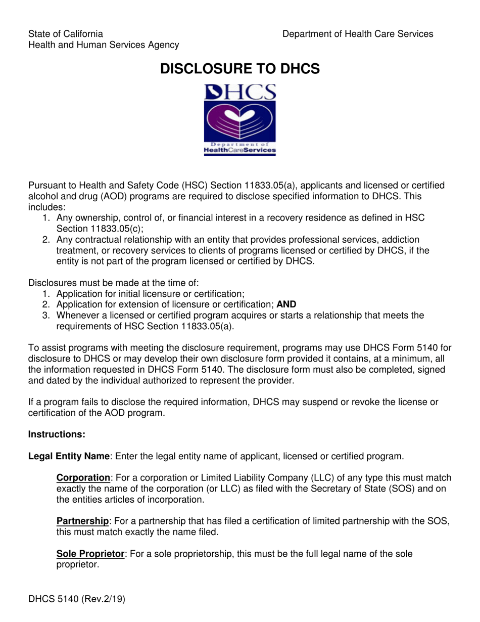 Form DHCS5140 Disclosure to Dhcs - California, Page 1