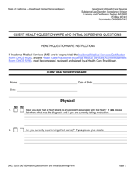 Document preview: Form DHCS5103 Client Health Questionnaire and Initial Screening Questions - California