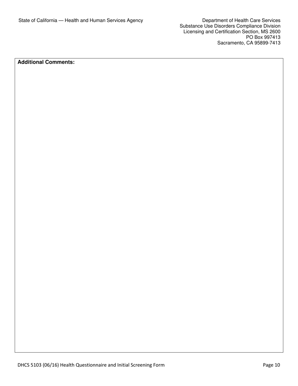 Form DHCS5103 Client Health Questionnaire and Initial Screening Questions - California, Page 10