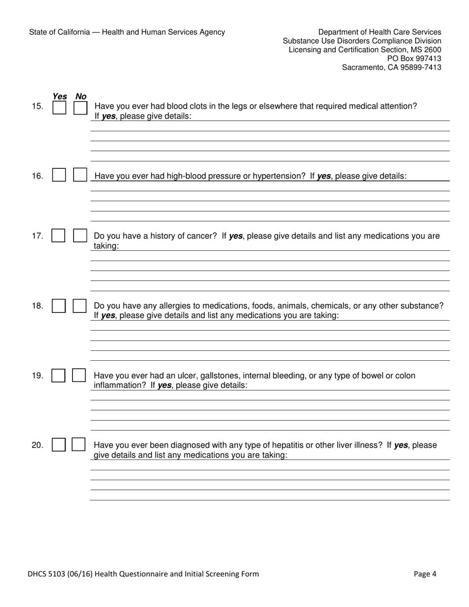 Form DHCS5103 Client Health Questionnaire and Initial Screening Questions - California, Page 4