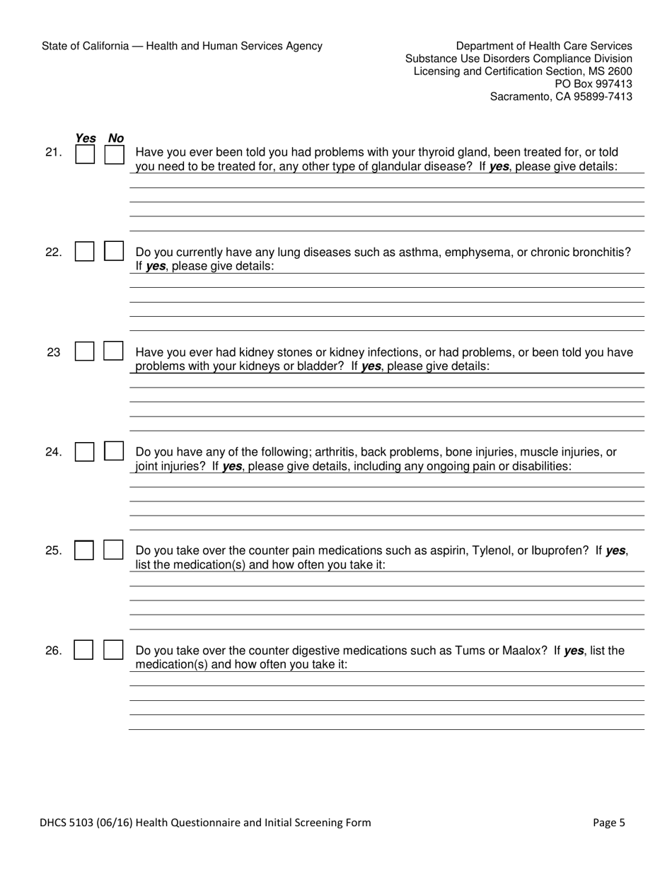 Form DHCS5103 Client Health Questionnaire and Initial Screening Questions - California, Page 5