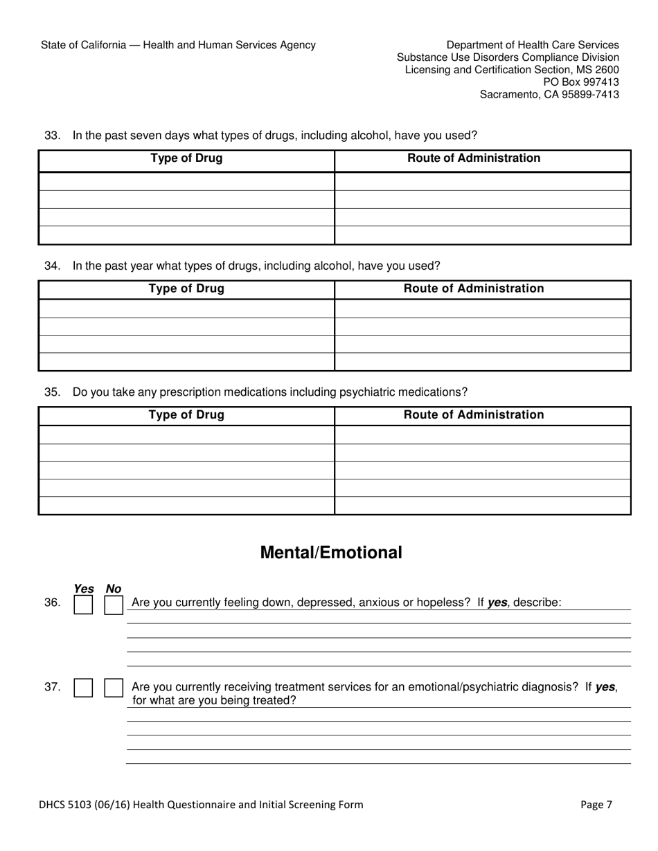 Form DHCS5103 Client Health Questionnaire and Initial Screening Questions - California, Page 7