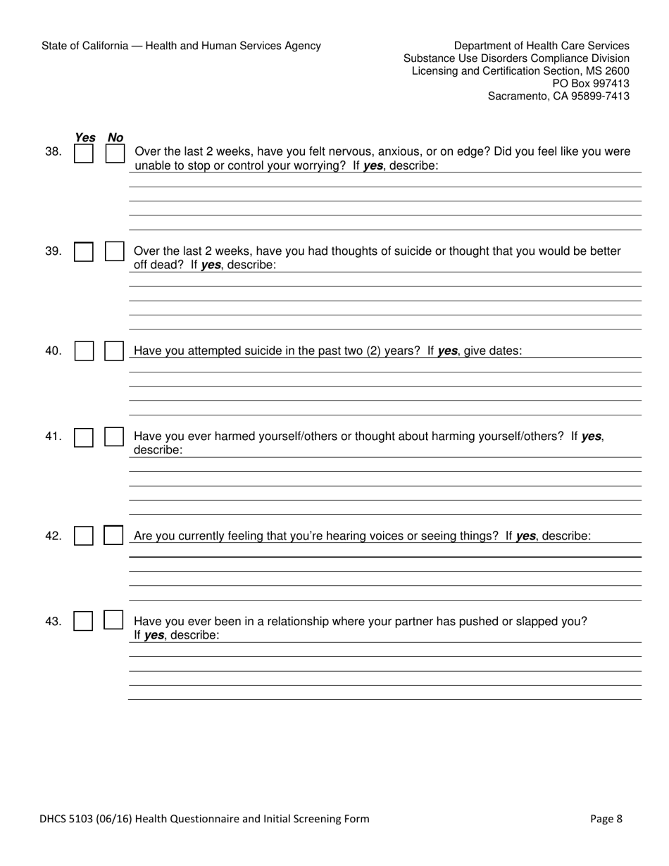 Form DHCS5103 Client Health Questionnaire and Initial Screening Questions - California, Page 8