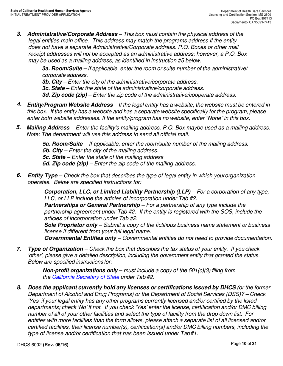 Form DHCS6002 Initial Treatment Provider Application - California, Page 10