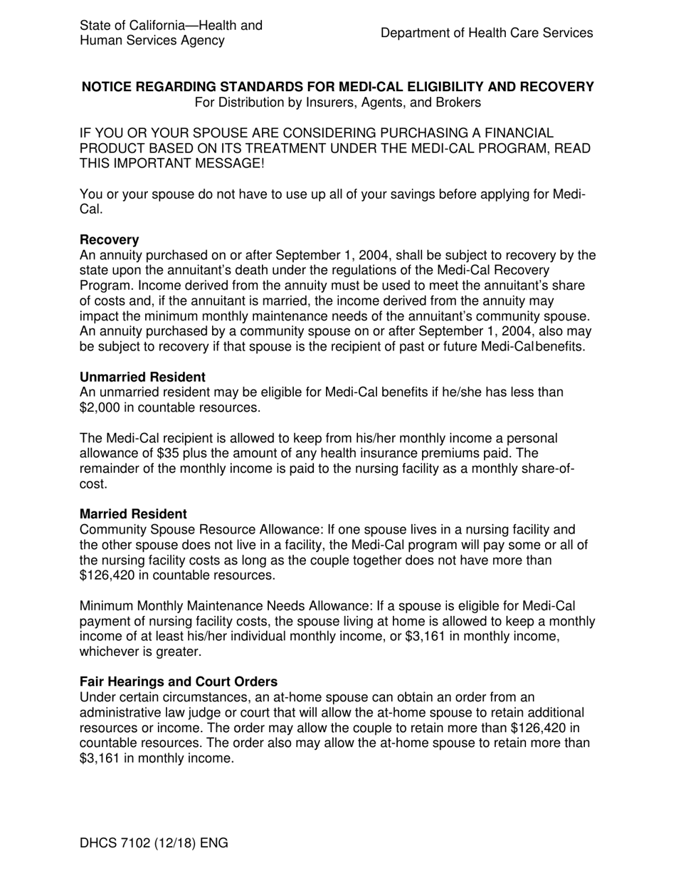 Form DHCS7102 Notice Regarding Standards for Medi-Cal Eligibility for Distribution by Insurers, Agents, and Brokers - California, Page 1