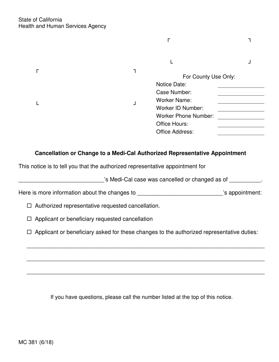 Form MC381 Cancellation or Change to a Medi-Cal Authorized Representative Appointment - California, Page 1