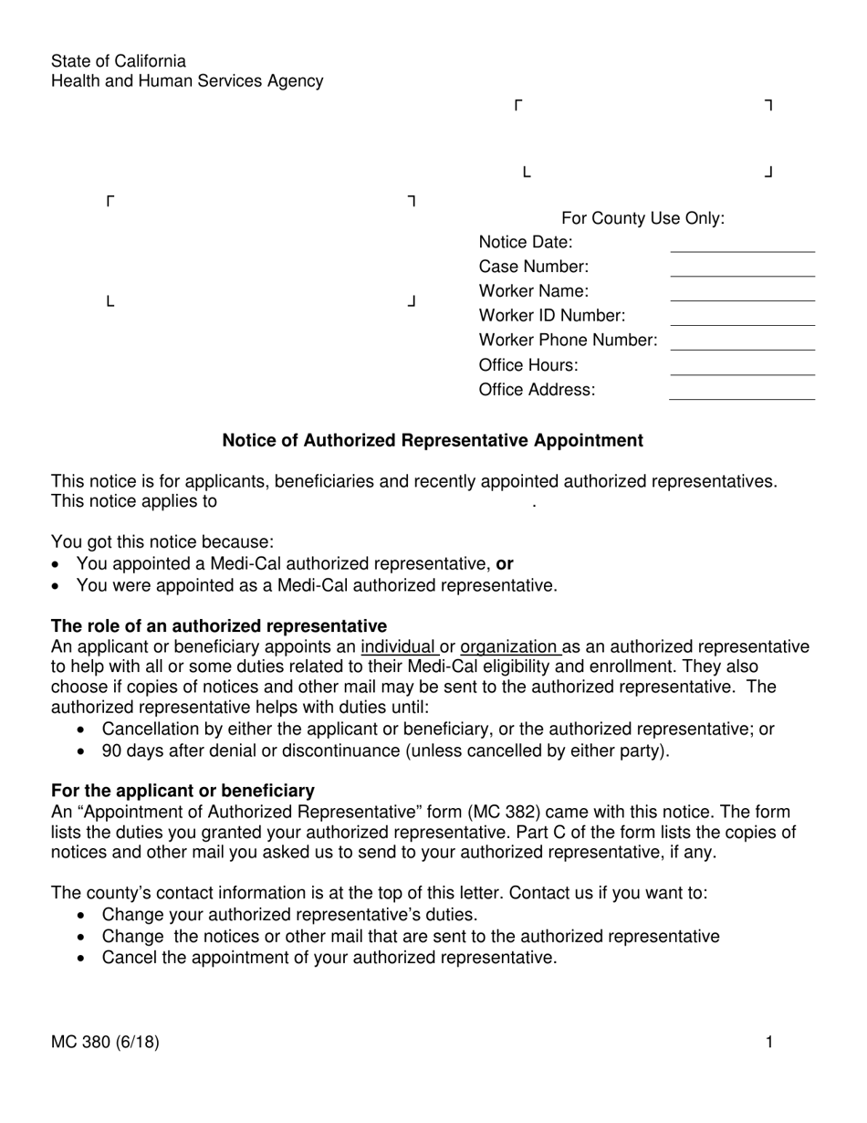 Form MC380 Notice of Authorized Representative Appointment - California, Page 1