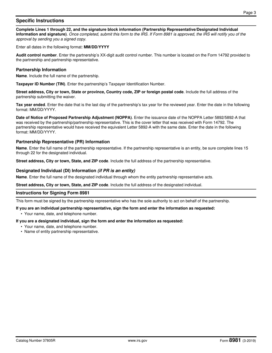 IRS Form 8981 Waiver of the Period Under IRC Section 6231(B)(2)(A) and Expiration of the Period for Modification Submissions Under IRC Section 6225(C)(7), Page 3