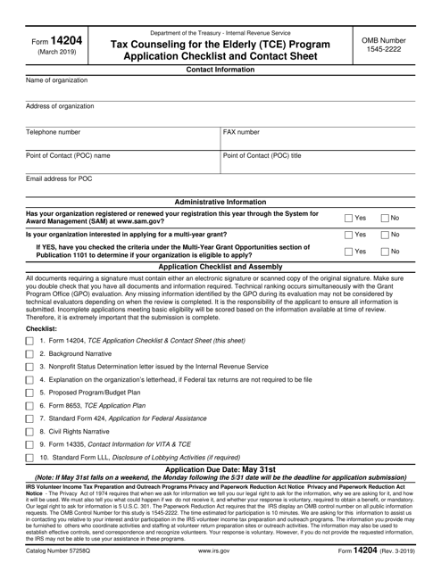 IRS Form 14204 Tax Counseling for the Elderly (Tce) Program Application Checklist and Contact Sheet
