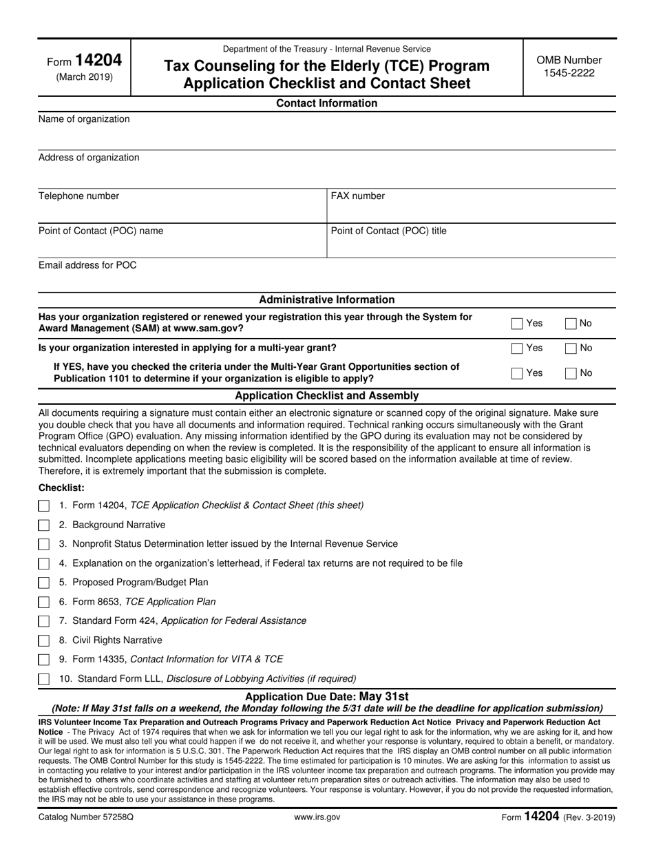 IRS Form 14204 Tax Counseling for the Elderly (Tce) Program Application Checklist and Contact Sheet, Page 1