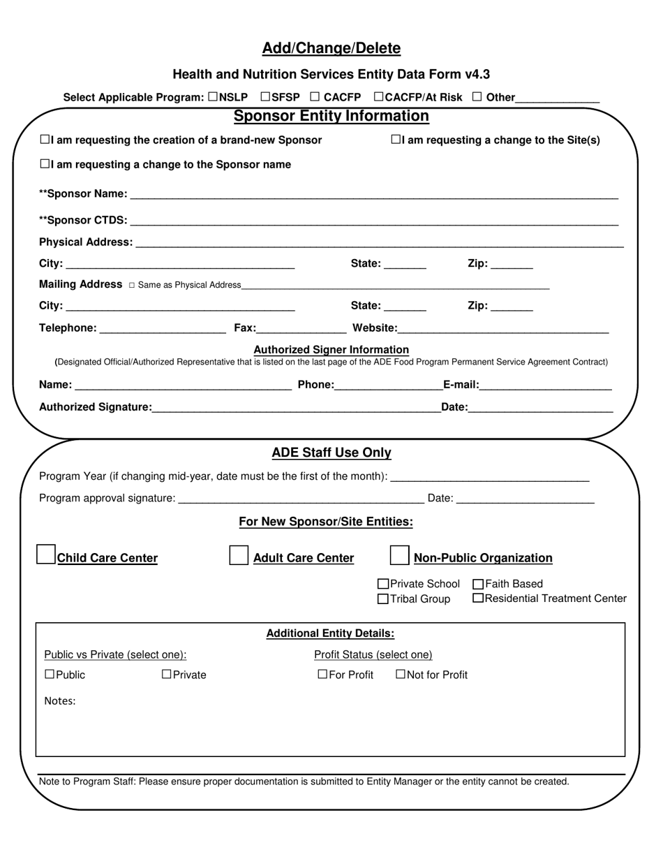Add / Change / Delete Health and Nutrition Services Entity Data Form - Arizona, Page 1