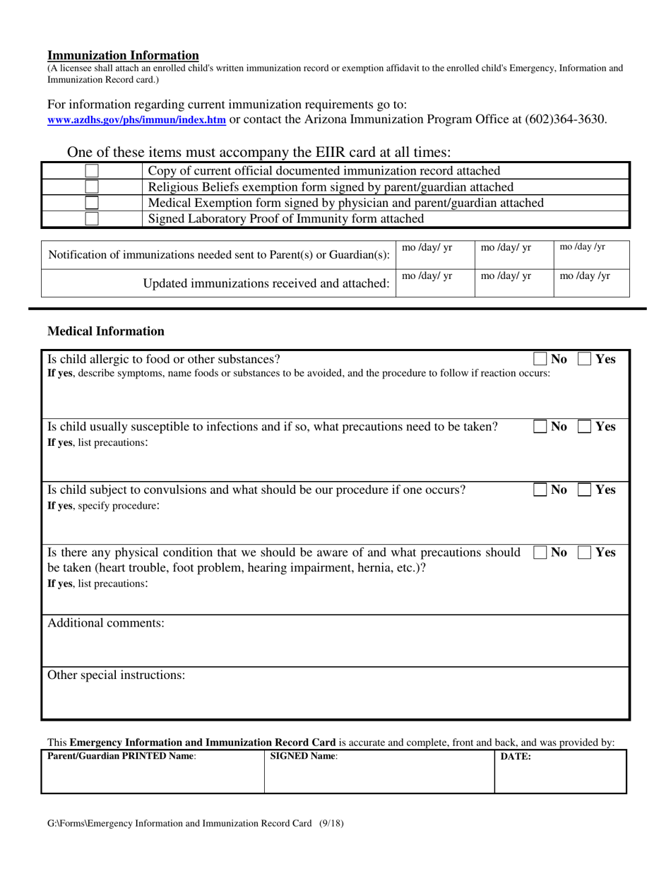 Emergency, Information and Immunization Record Card - Arizona, Page 2
