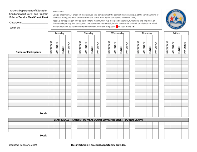 Point of Service Meal Count Sheet - Breakfast, Lunch, Am & Pm Snack - Arizona