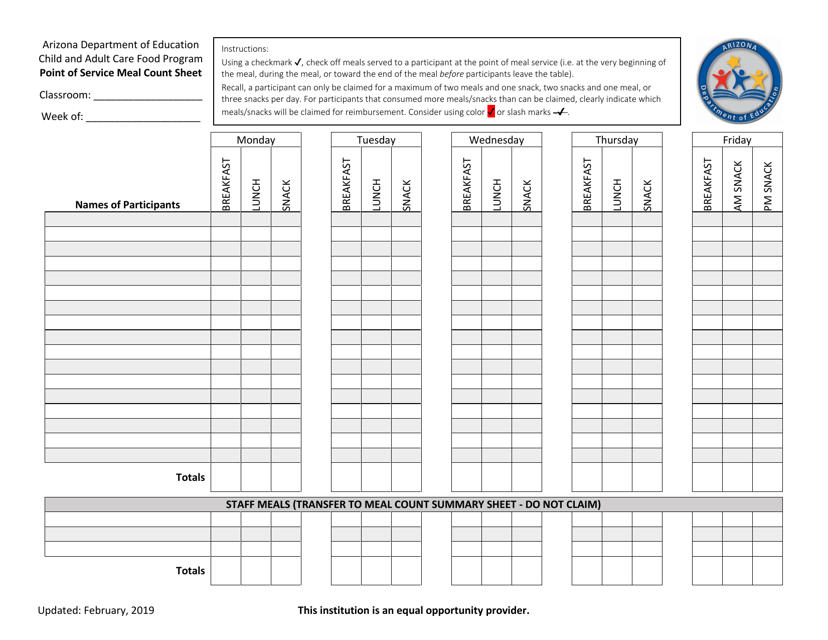 Point of Service Meal Count Sheet - Breakfast, Lunch, Snack - Arizona